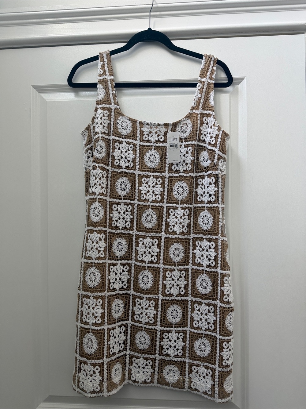 LOFT Crochet Square-Panel Tank Dress in Brown and White